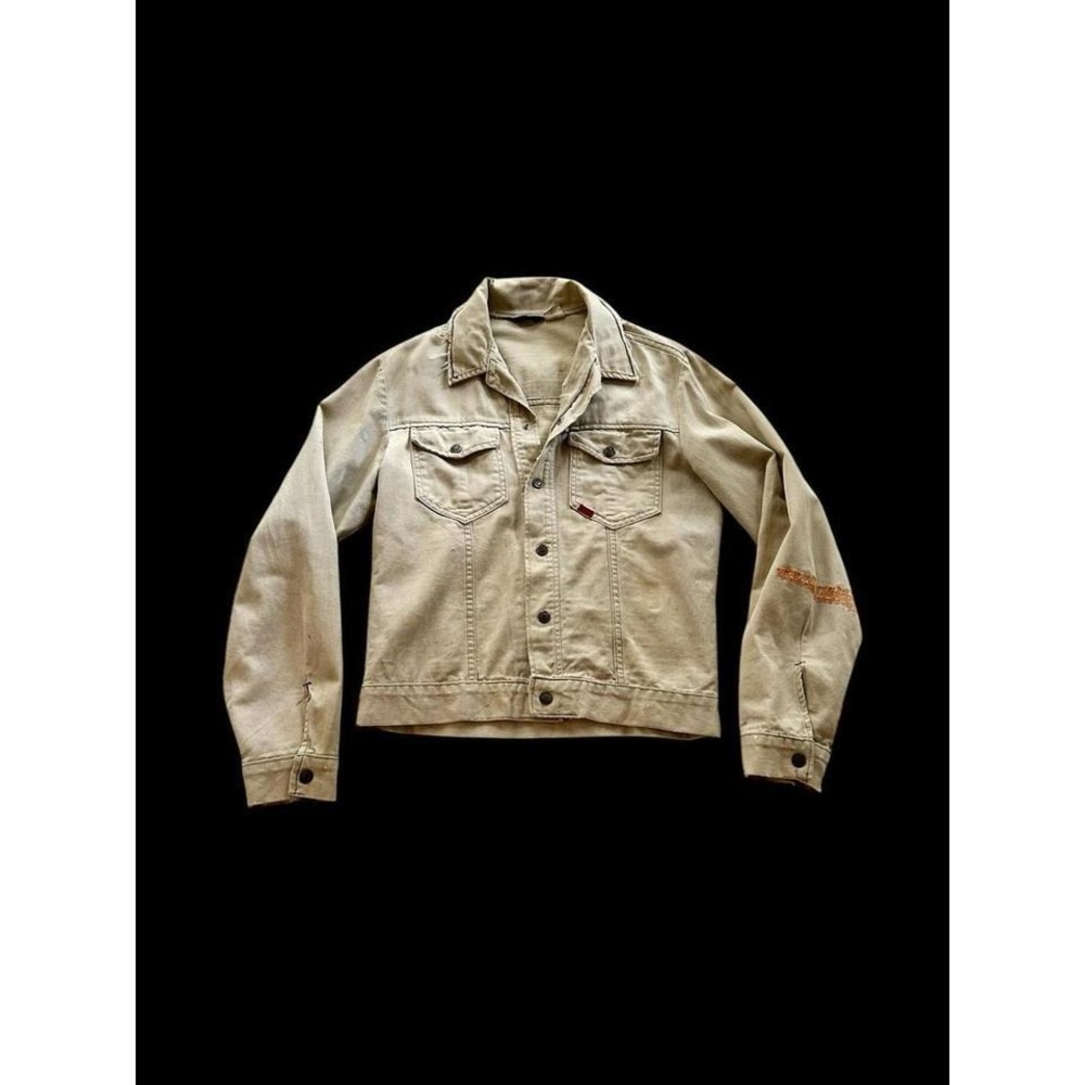 1970s Vintage Denim Khaki Jacket Lightweight Medium Sz 38 Chainstitch Distressed